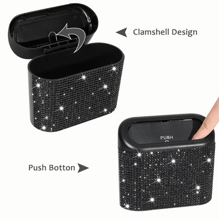 Bling Car Trash Can with Lid – Mini Auto Garbage Bin, 60 Bags, Black Rhinestone