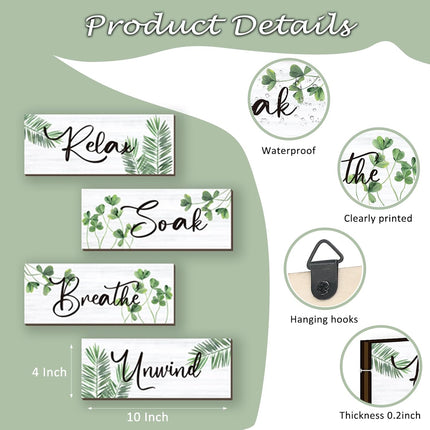 4Pcs Farmhouse Bathroom Wall Decor, Relax Soak Unwind Breathe Wood Signs
