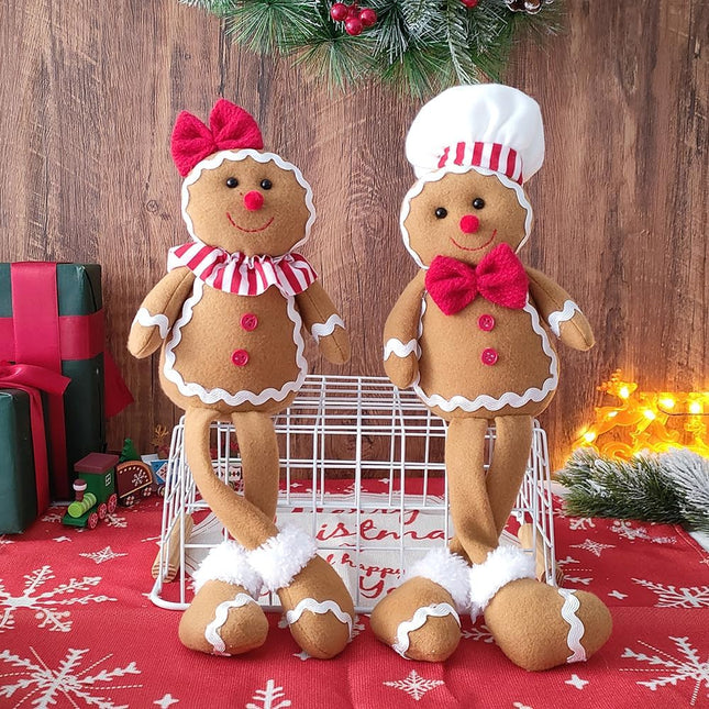 Christmas Plush Gingerbread Figures Boy & Girl with Chef Hat, Bowknot Ornaments Home