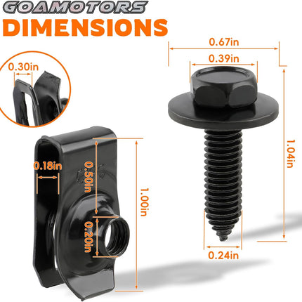 50-Piece Body Fastener Kit, 25 Bolts & 25 U-Nut Clips for Fender & Engine