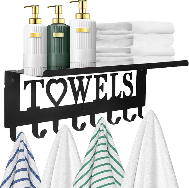 Towel Rack with Shelf & 8 Hooks – Wall Mounted Metal Organizer for Bathroom & Bedroom