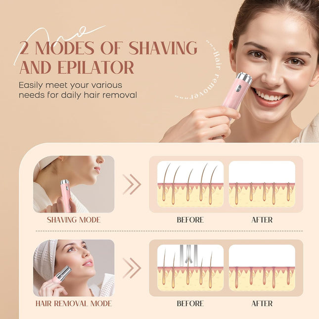 2-in-1 Facial Hair Remover for Women, USB Rechargeable Epilator with LED Light, Pink