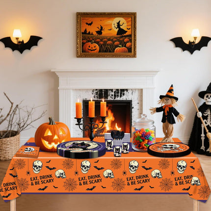 145-Piece Halloween Tableware Set, Black Cat Skull Plates, Cups, Napkins & Tablecloth