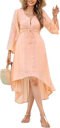 Womens Long Dress V Neck Bell Sleeve Floral Embroidery High Low Hem