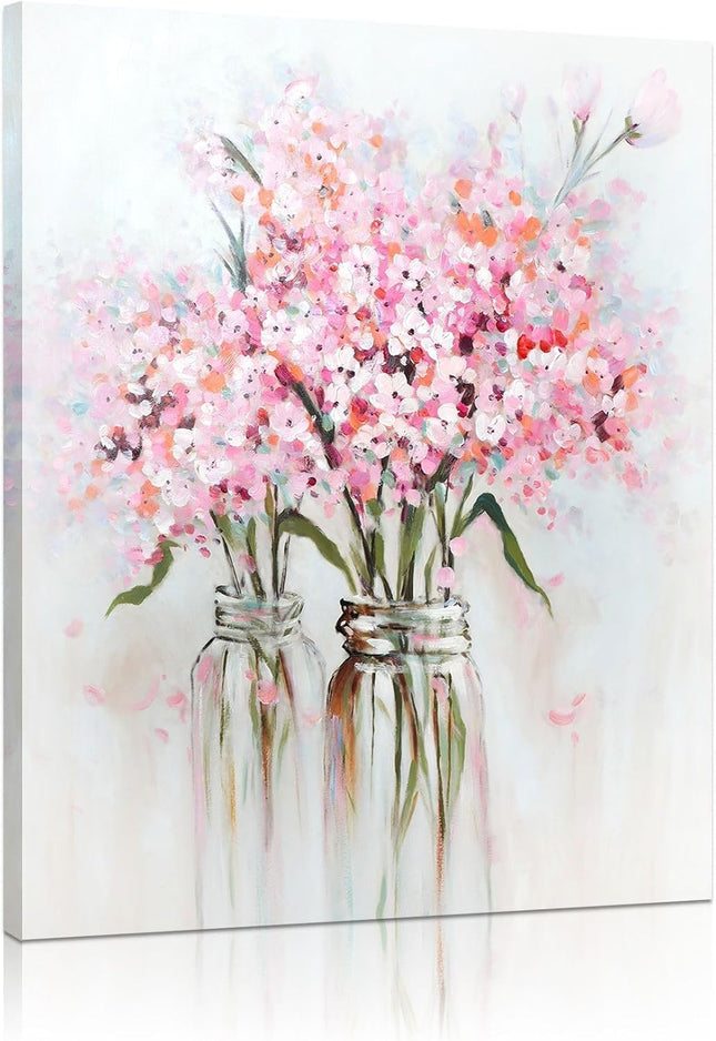 Pink Flowers Canvas Wall Art 12x15 Inch, Abstract Floral Bouquet in Vase Decor
