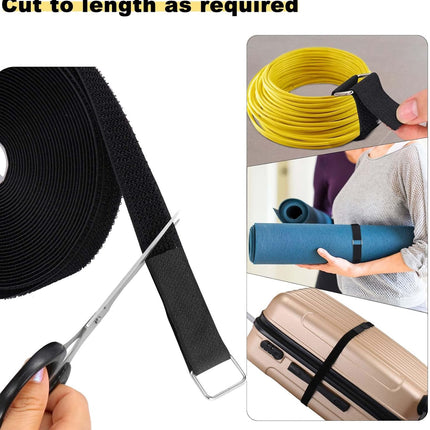 1"x32ft Hook & Loop Straps – 50 Metal Buckles, Adjustable Cable Ties Black