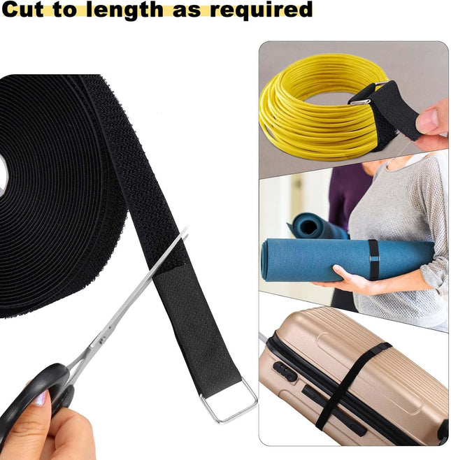 1"x32ft Hook & Loop Straps – 50 Metal Buckles, Adjustable Cable Ties Black