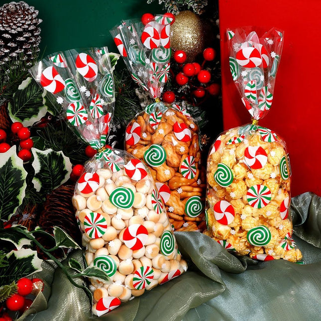 50PCS Christmas Treat Bags – Red & Green Candy Print Cellophane Candy Bags for Holiday Gifts