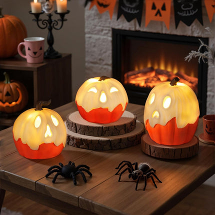 3-Piece Light-Up Halloween Ghost Pumpkin Decor, Cute Tabletop Mantel Party Set