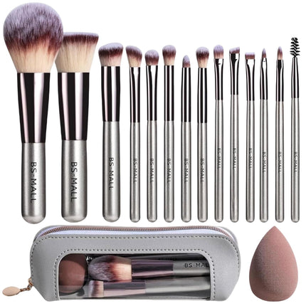 14PC Makeup Brush Set Travel Kit Case Sponge Soft Synthetic Brushes