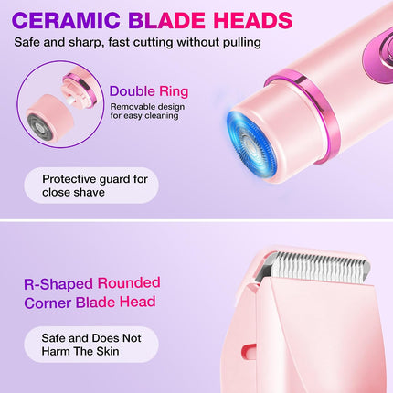 2-in-1 Bikini Trimmer for Women, Waterproof Ceramic Blade Electric Shaver, Rechargeable