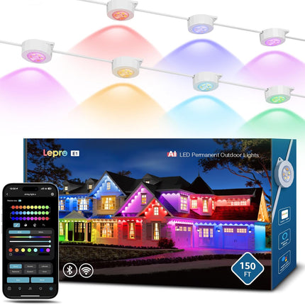 Smart AI Outdoor Lights 150ft, RGB+IC+White, App Control, WiFi/Bluetooth, No Remote