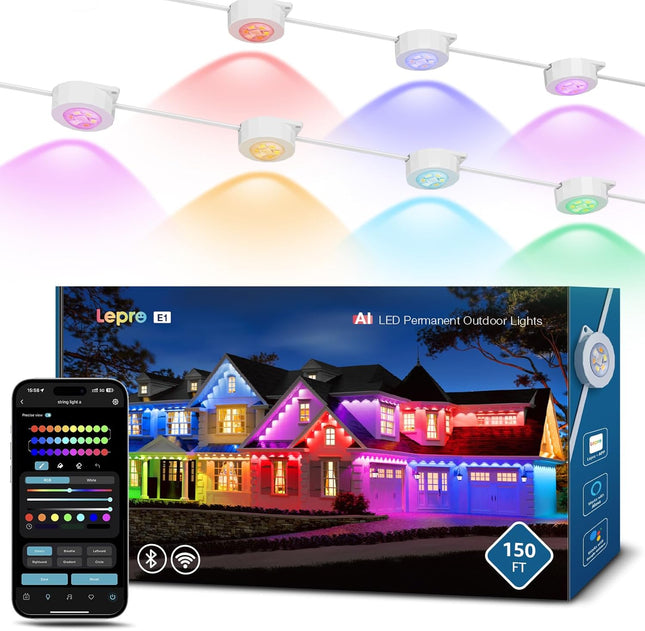 Smart AI Outdoor Lights 150ft, RGB+IC+White, App Control, WiFi/Bluetooth, No Remote