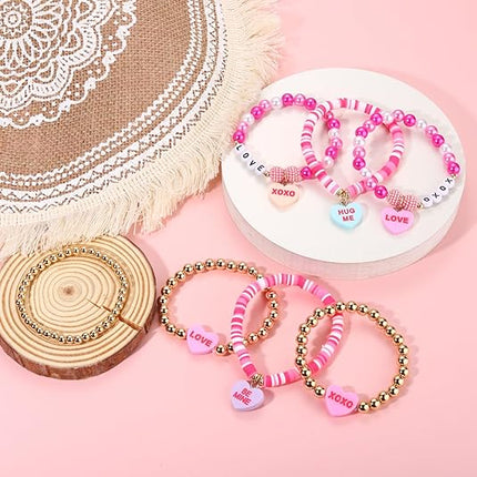 Beaded Heishi XOXO Bracelet: Hot Pink Valentine’s Day Heart Charm Stackable Jewelry
