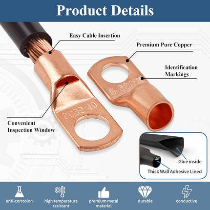 130 Pcs Copper Wire Lugs Kit AWG 2-12 Battery Cable Ends Heat Shrink Terminals