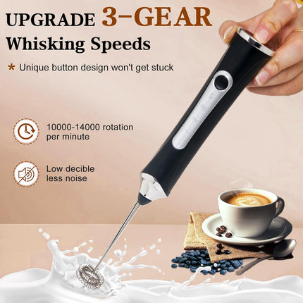 Rechargeable Milk Frother – 3 Speeds, 2 Heads, Handheld Drink Mixer with Stand