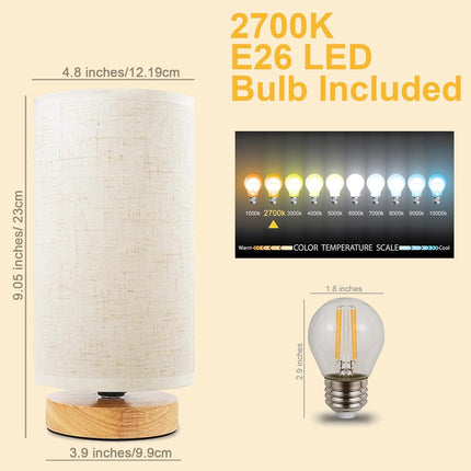 Minimalist Wood Base Lamp with Round Fabric Shade for Bedroom, Dorm, or Nursery