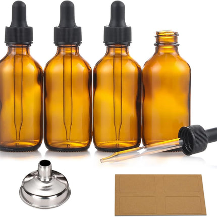 4-Pack 2oz Amber Glass Bottles – Dropper, Funnel & Labels for Essential Oils