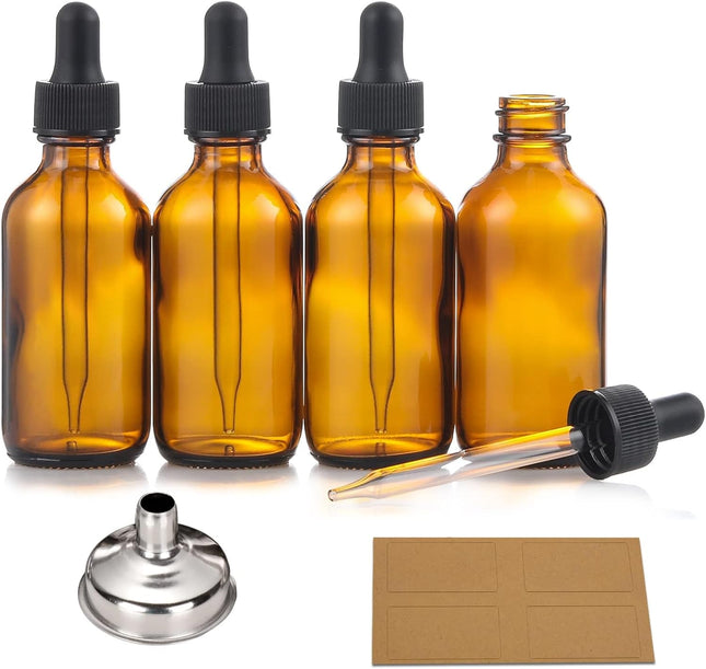 4-Pack 2oz Amber Glass Bottles – Dropper, Funnel & Labels for Essential Oils