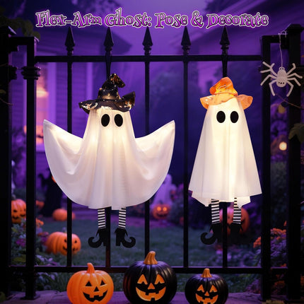 4-Pack Light-Up Halloween Ghosts with Witch Hats, 3 Modes, DIY Arms, Indoor Outdoor