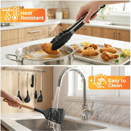 33PCS Silicone Kitchen Utensil Set Wooden Handles Heat Resistant Nonstick Cookware