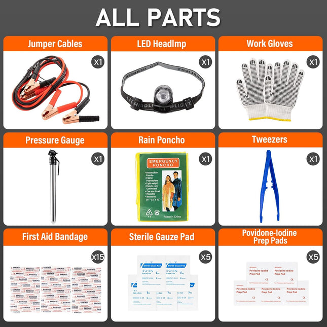 Car Safety Tool Kit for Roadside Emergencies – Jumper Cables, Headlamp, Gloves & More