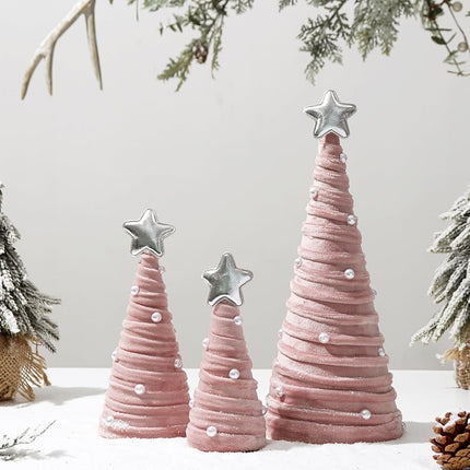 Christmas Indoor Decorations – 3-Piece Pink Velvet Cone Trees with Pearls for Table Decor