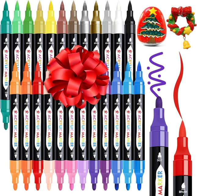 24 Colors Dual Tip Acrylic Paint Markers, Waterproof Fine and Bullet Tip Pens for Art