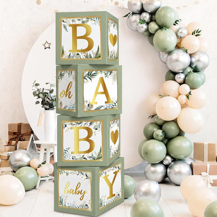 4Pcs Baby Shower Balloon Boxes with Letters Sage Green Gender Reveal Decor