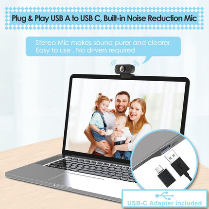 USB-C Webcam 1080P HD with Mic Privacy Cover & Tripod for PC Switch 2