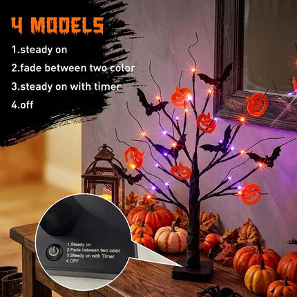 Halloween Lighted Black Tree, 24 Orange & Purple LED Lights, 22in Table Decor