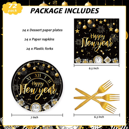 72-Piece 2026 New Year Party Supplies – Black & Gold Plates & Napkins