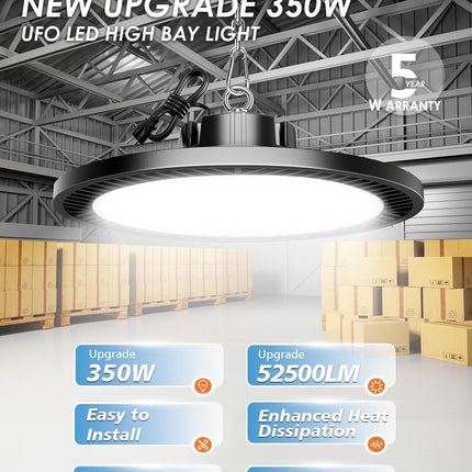 Super Bright 350W UFO LED High Bay Light 5000K with US Plug 4-Pack