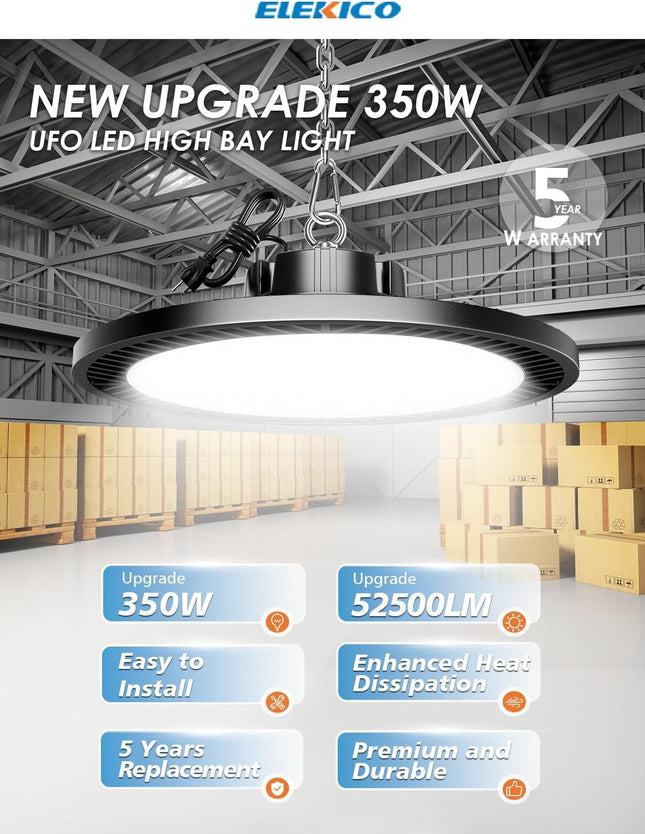 Super Bright 350W UFO LED High Bay Light 5000K with US Plug 4-Pack