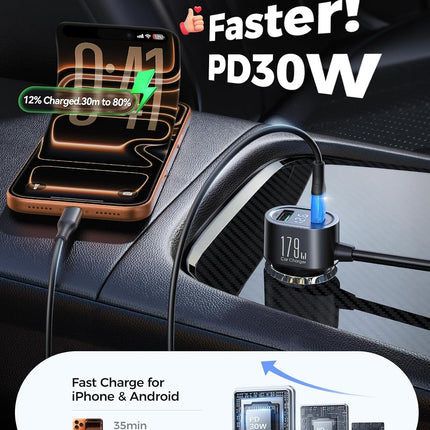 179W 7-in-1 Car Cigarette Lighter Splitter, PD30W USB-C Charger, 3 USB Ports
