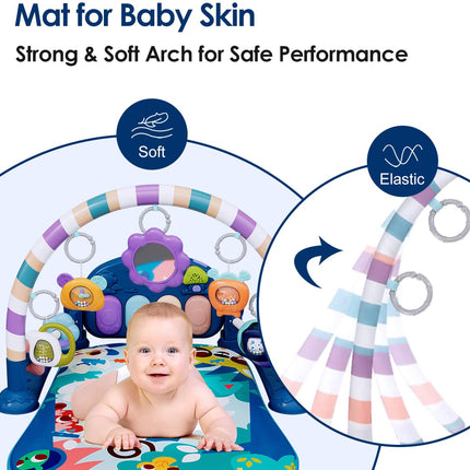 Baby Play Mat Gym Blue Tiger Kick Play Piano Tummy Time Sensory Toys Music Lights