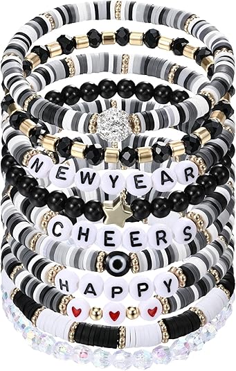 10 PCS Happy New Year Beaded Stretch Bracelets Bulk Friendship Jewelry