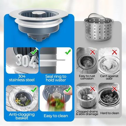 3-in-1 Kitchen Sink Drain Strainer Stopper Stainless Steel Pop-Up Basket Silver