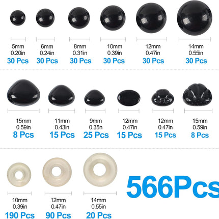 566PCS Safety Eyes for Amigurumi – Various Sizes with Washers for Toys