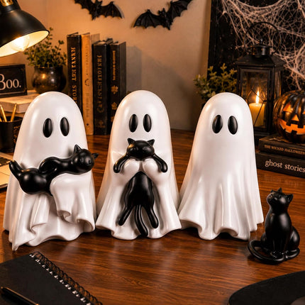 4-Piece 6in Halloween Ghost Cat Figurines, Cute Resin Gothic Tabletop Shelf Decor