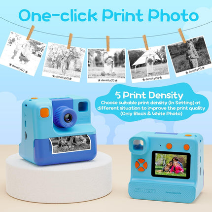Kids Instant Print Camera FHD Selfie Digital Video Camera Blue for Ages 3-12