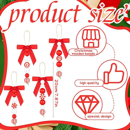 12 Sets Candy Cane Christmas Ornaments – Rustic Wood & Bead Decor with Bows