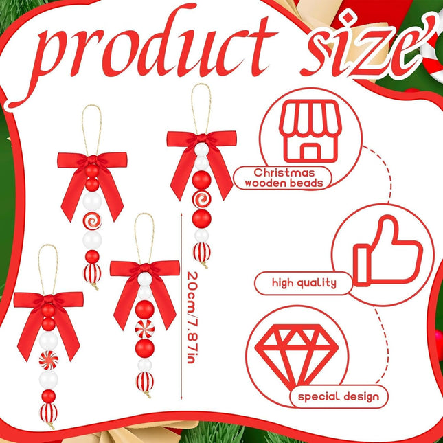 12 Sets Candy Cane Christmas Ornaments – Rustic Wood & Bead Decor with Bows
