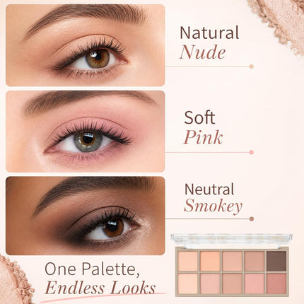 10-Color Neutral Nude Eyeshadow Palette, Beige Pink Brown Matte Smoky Eye Makeup