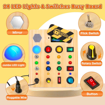 Montessori Busy Board – Wooden Sensory Toy with Switches & LED Lights