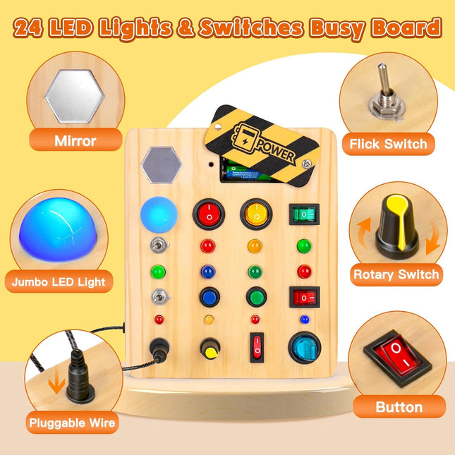 Montessori Busy Board – Wooden Sensory Toy with Switches & LED Lights