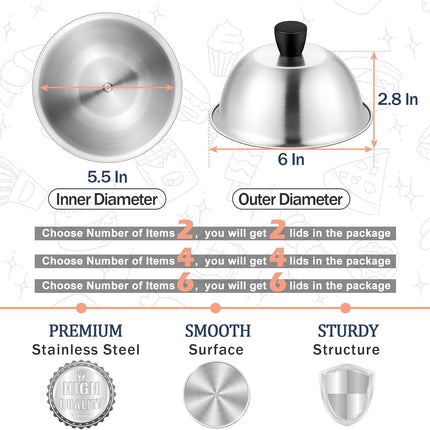 2PCS 6" Stainless Steel Basting Covers, Cheese Melting Domes for Griddle & Grill