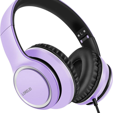 Over-Ear Wired Headphones with Mic Foldable Lightweight 3.5mm Dark Purple