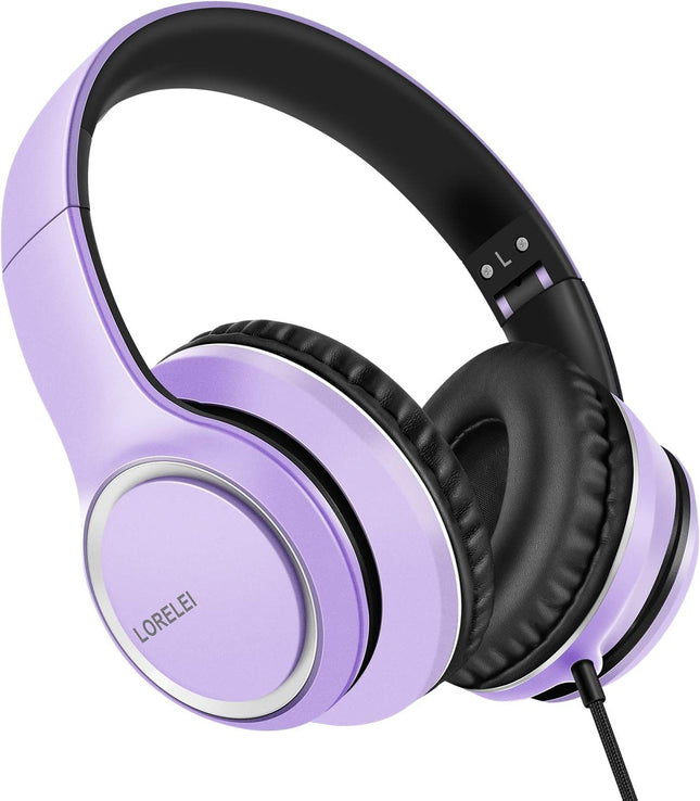Over-Ear Wired Headphones with Mic Foldable Lightweight 3.5mm Dark Purple