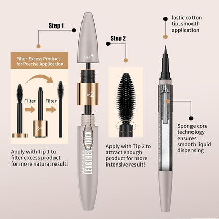 2-in-1 Mascara & Eyeliner Set Waterproof Volumizing Lengthening Black